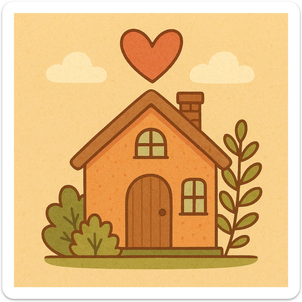 a cozy house with a heart above the roof, colorful cartoon style sticker
