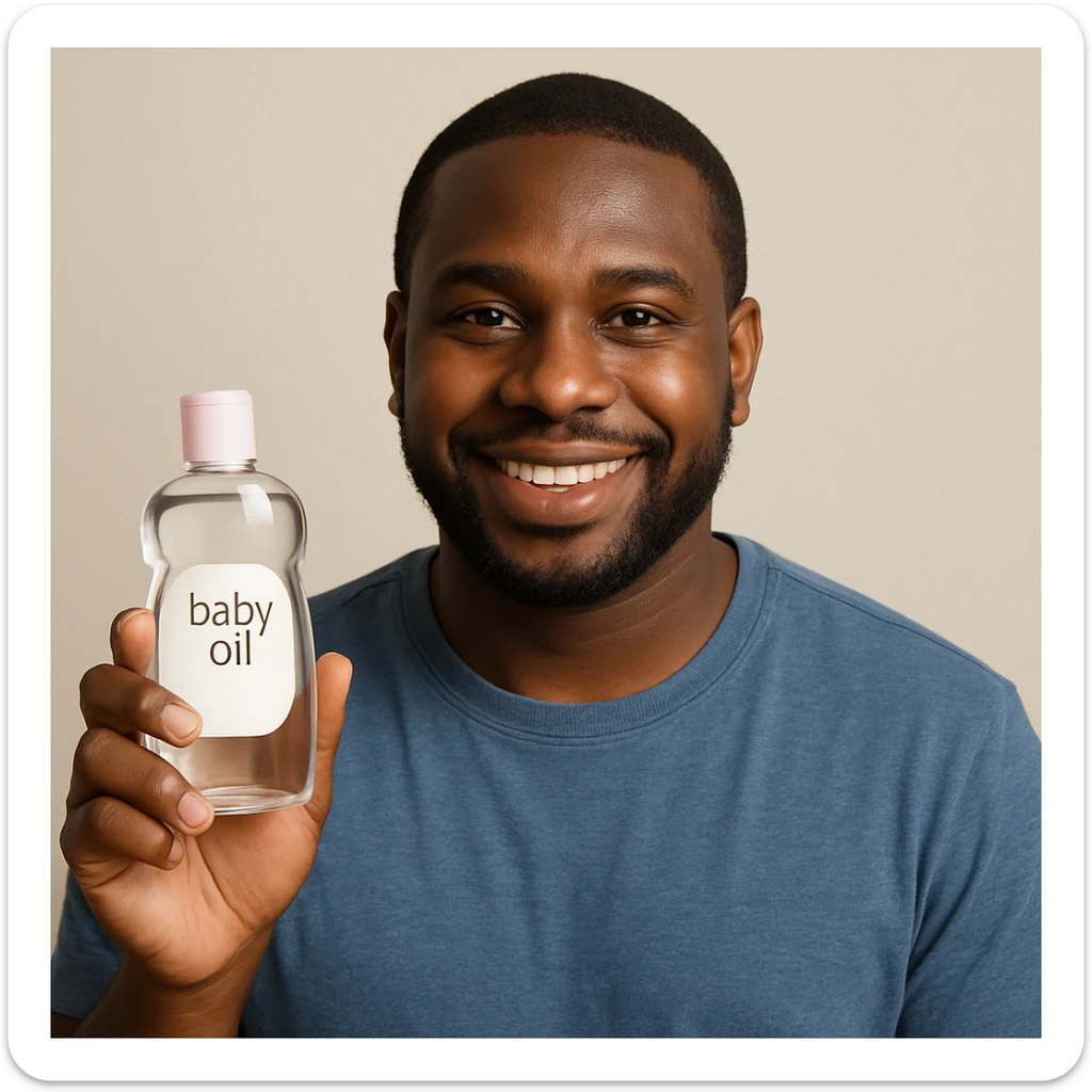 A Black man holding a bottle of baby oil, clear subject, friendly expression, simple background sticker