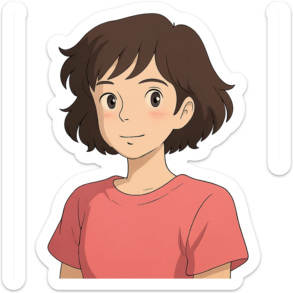 ghibli style young brunette woman with short wavy hair to shoulders, wearing a pink t-shirt sticker