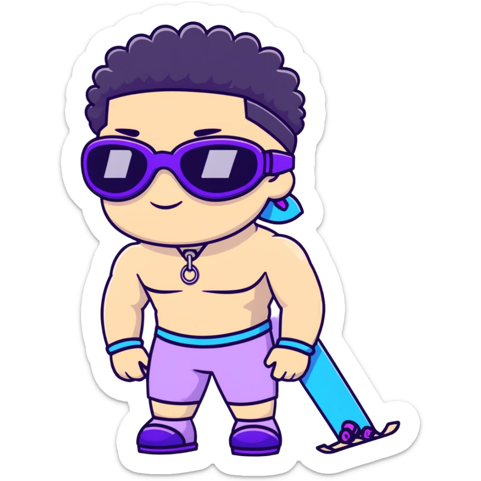 shirtless male athlete with white skin and moderately curly black hair on top with shaved sides, wearing purple ski goggles with black tinted lenses, and a simple plain black chain necklace, no earrings sticker