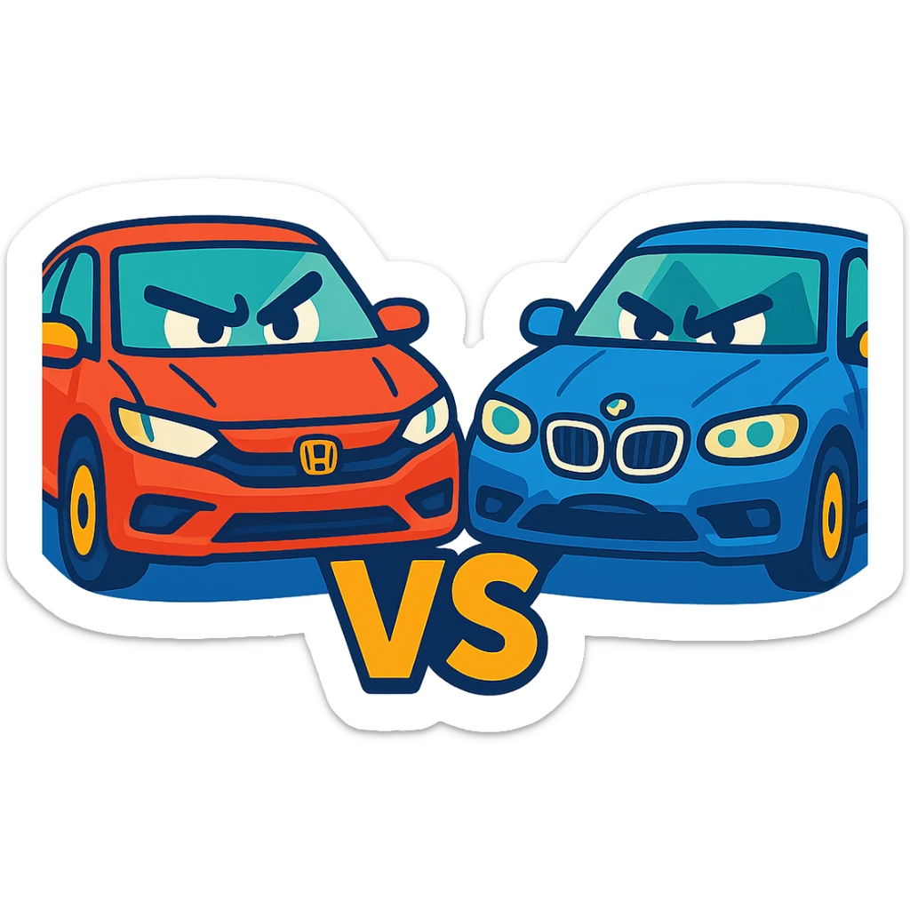 Honda and BMW cars in a fun face-off, vibrant colors sticker