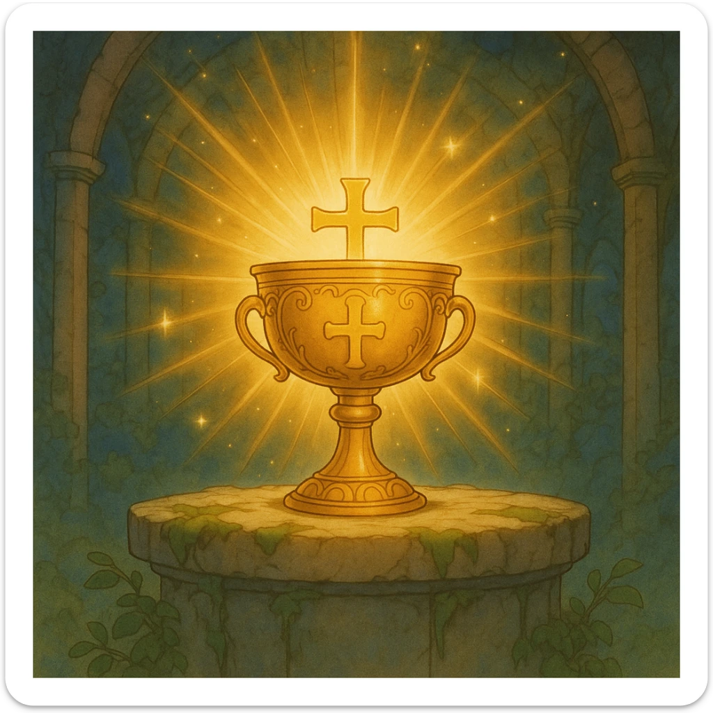 Add a golden cross to the holy grail, keep the ghibli style and divine light, preserve the background. sticker