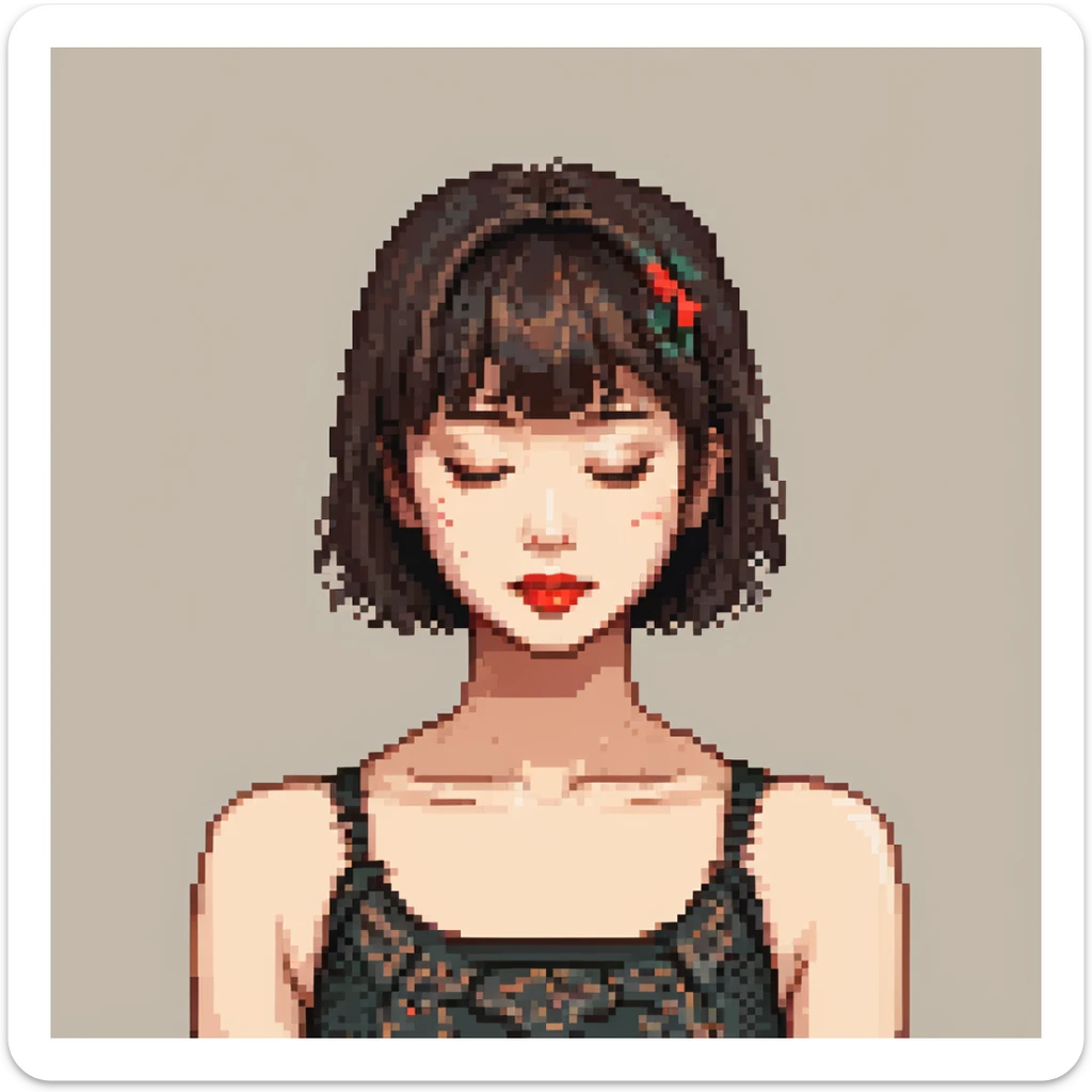 A young Asian woman with short, dark brown hair with bangs, neutral facial expression, closed eyes, vibrant red lips, light beige skin tone, close-up portrait, plain white background, cartoon-like and stylized, bright and saturated colors, even and flat lighting, neutral atmosphere, pixel art style. sticker