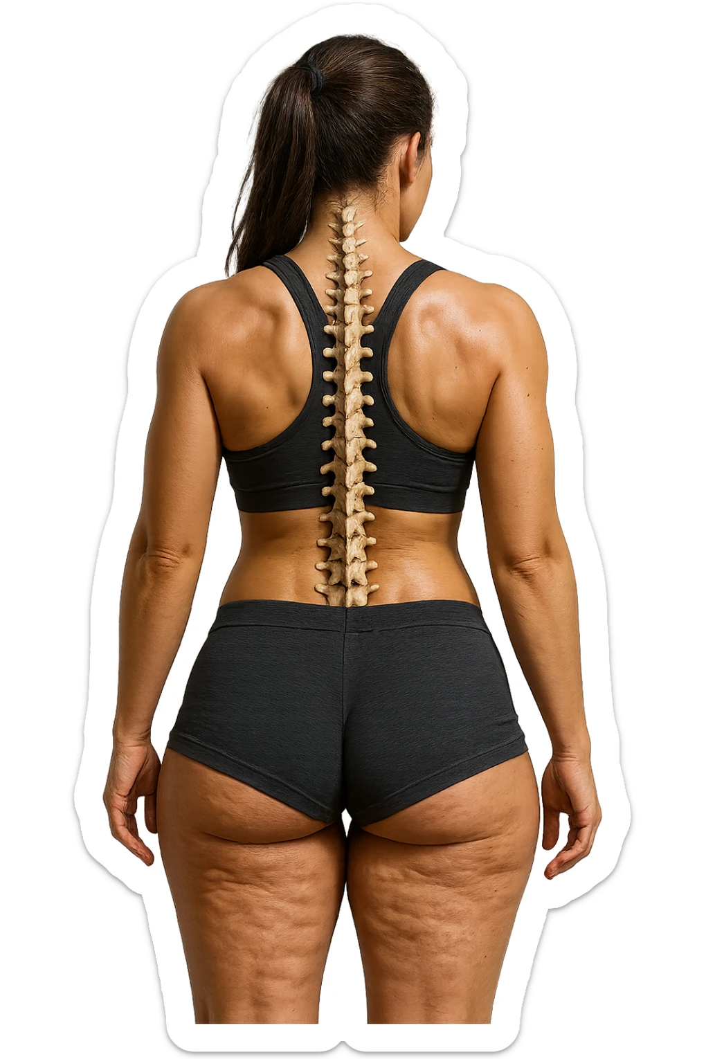 donna fitness di spalle in gym shorts con la cellulite sulle cosce, spina dorsale anatomica in evidenza, iperrealistica 4k sticker