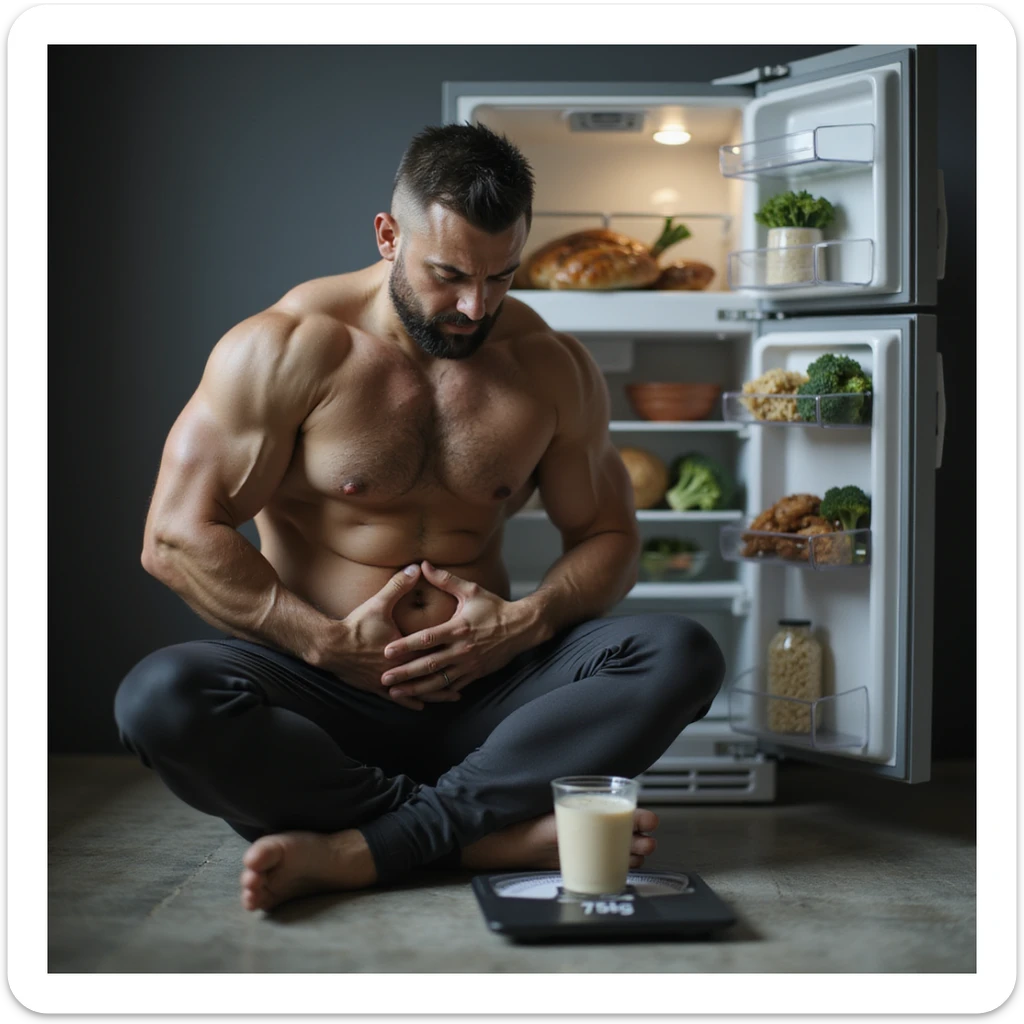 hyperrealistic 4K image of a man in sportswear sitting on the floor holding his stomach in discomfort after a protein shake, bathroom scale with '75kg' visible, open fridge full of chicken, rice, broccoli in the background sticker