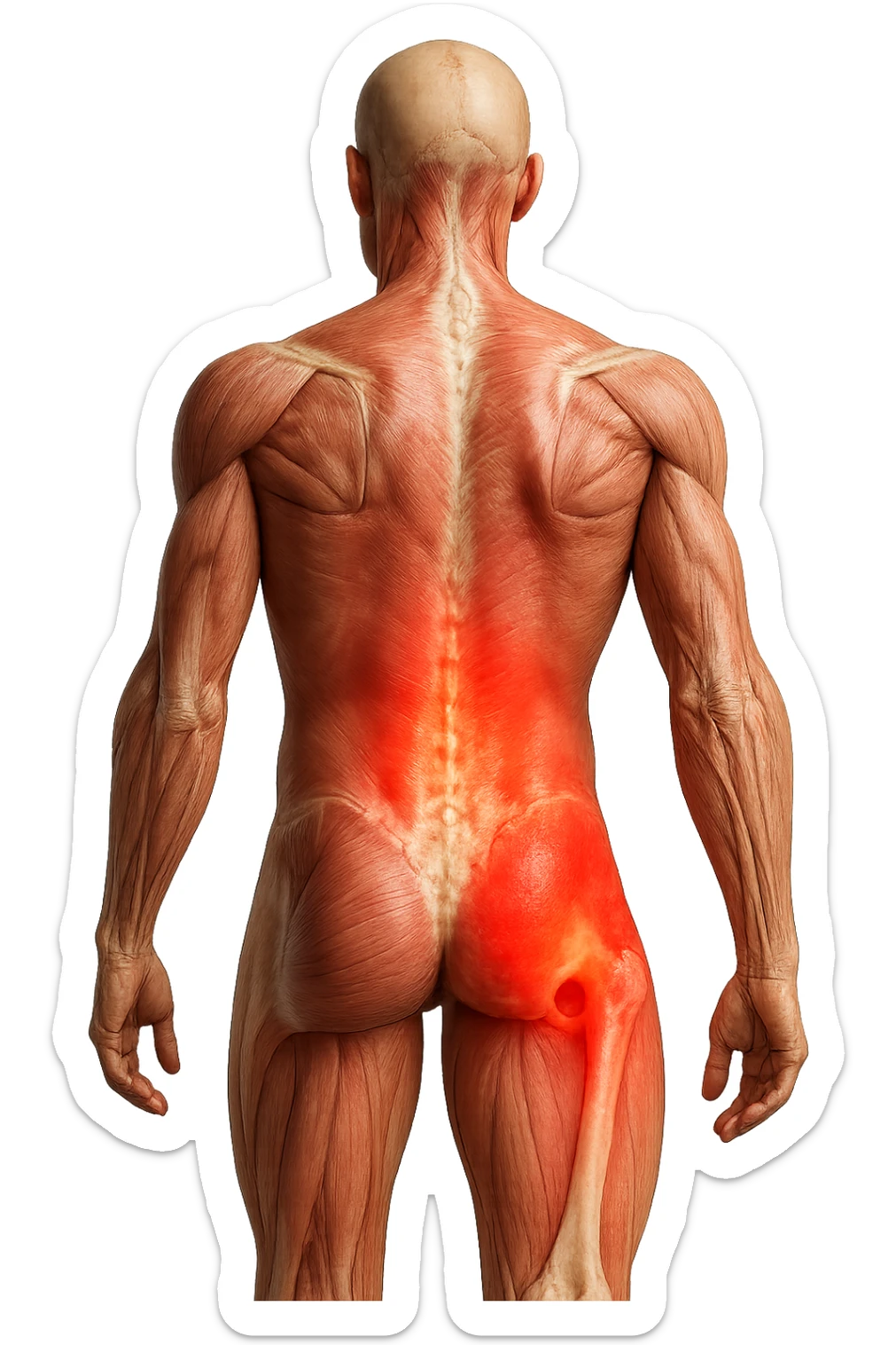 CORPO UMANO ANATOMICO REALISTICO DI SPALLE CON DOLORE ALLA LOMBARE INFIAMMATA, DOLORE ALL'ANCA, IPERREALISTICO 4K sticker