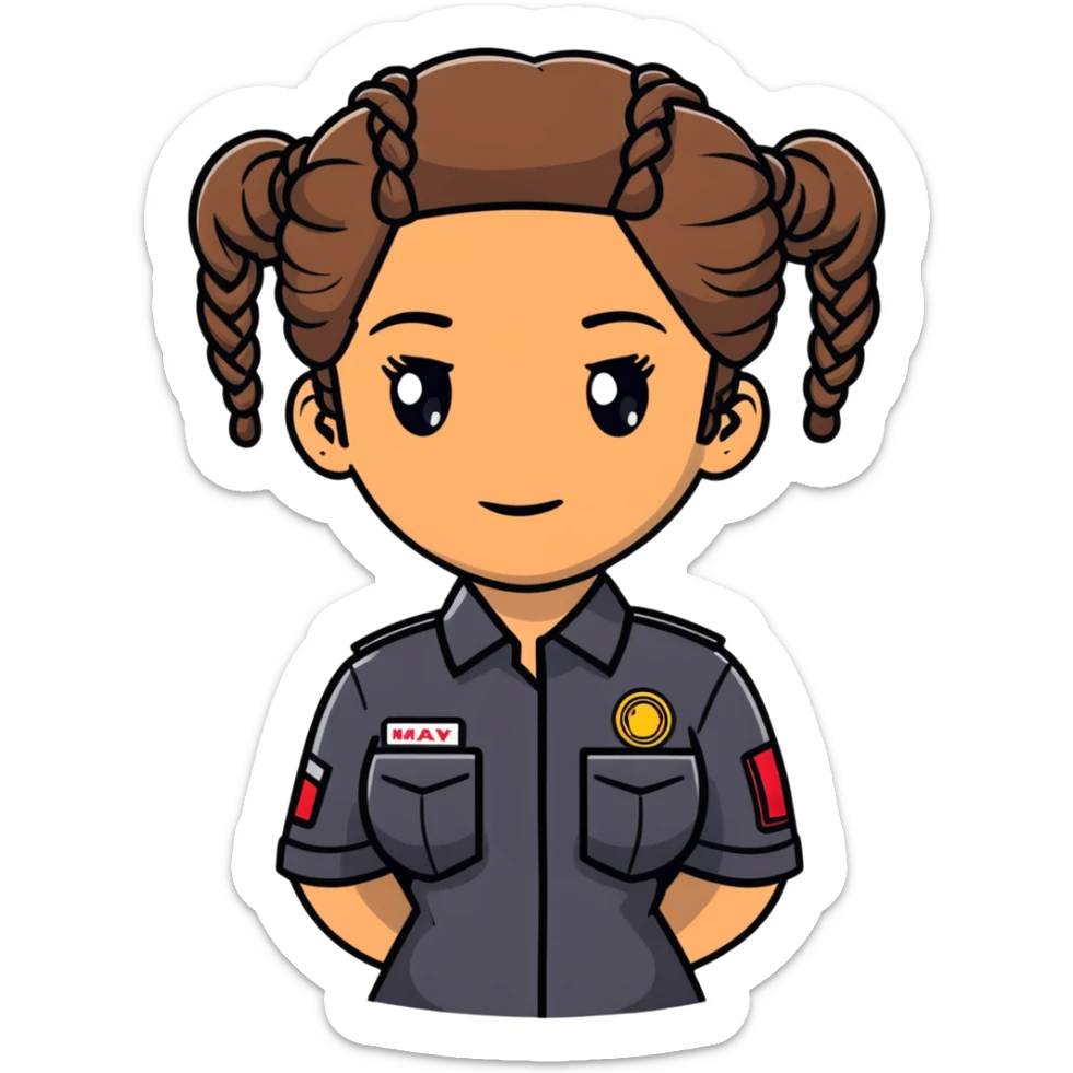 A 40-year-old Latina woman car mechanic with light brown skin, wearing black mechanic uniform, with two braids pulled back from her head sticker