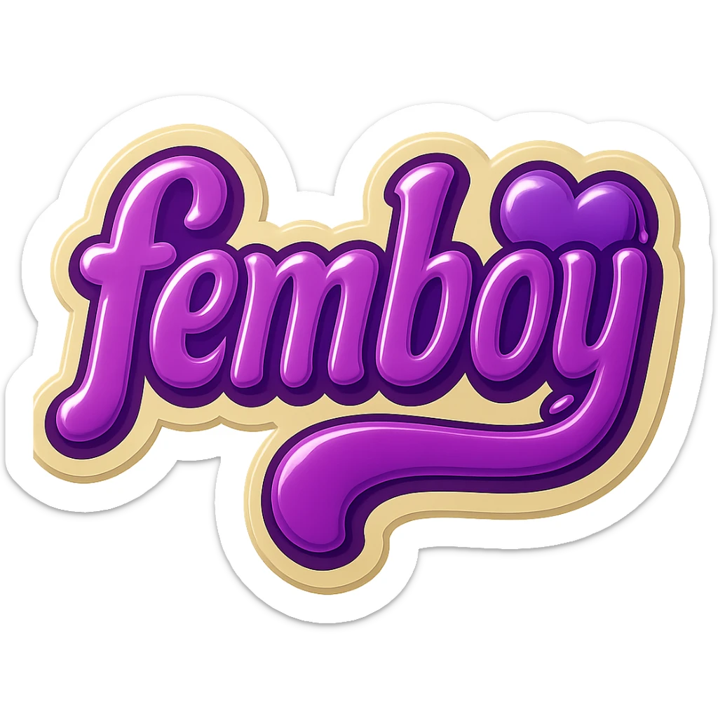 Add a cute purple heart graphic next to the word 'femboy'. Keep the playful bold purple text style. The overall style should be vintage retro sticker style with no background. sticker