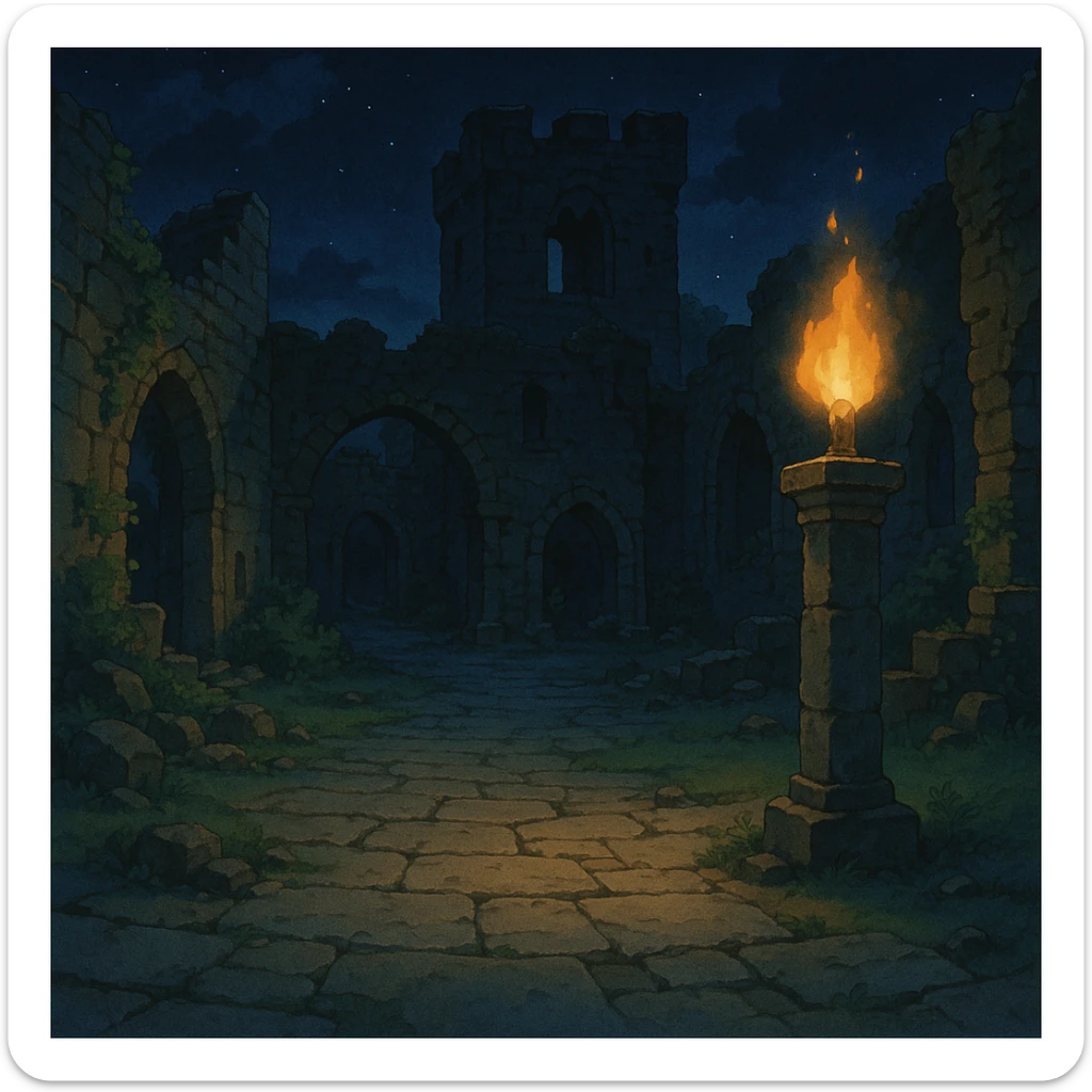 Midnight castle ruins torchlit courtyard sticker