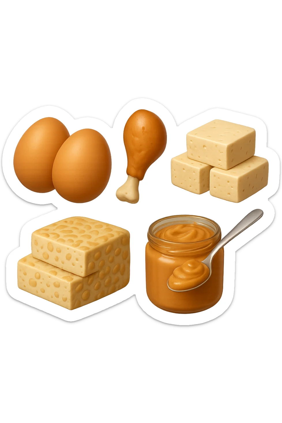 EMOJI STILE IPHONE DI
 uova, pollo, tofu, tempeh, burro di arachidi
, fluttuano in aria REALISTICA 4K sticker