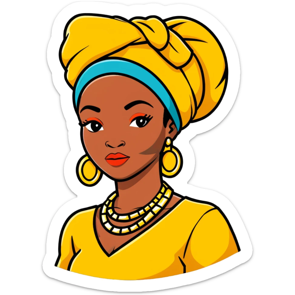 Fashionable African woman with designer clothes, stylish headwrap, statement jewelry and confident pose sticker