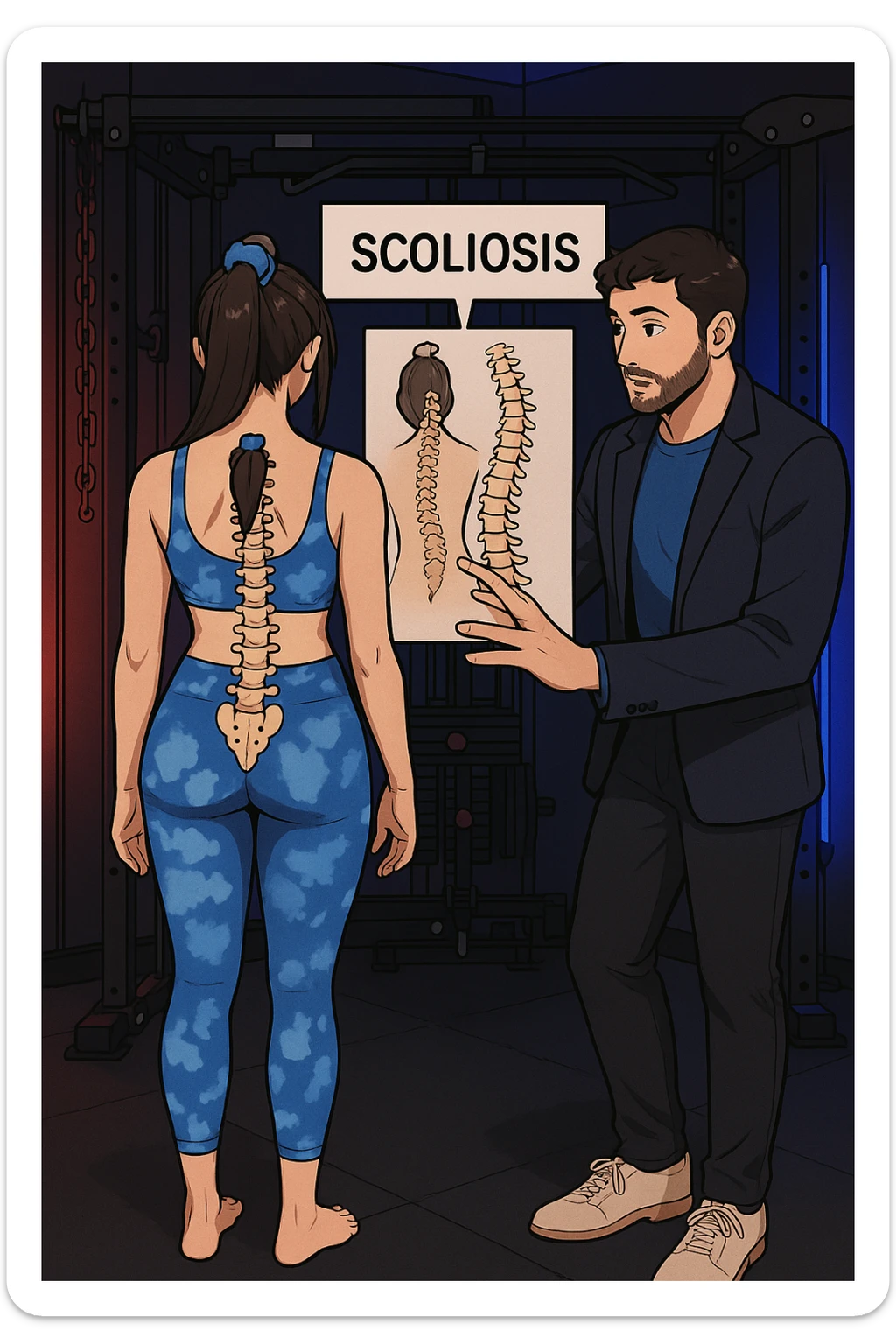 fai questa immagine in versione manga/webtoon a colori, il manga mostra la donna di spalle, mentre l'uomo le tocca la spina dorsale per spiegarle come funziona la scoliosi:
Con una scoliosi il baricentro corporeo cade maggiormente da un lato; per non cadere la schiena compensa accumulando tensione sul fianco opposto.
Il risultato? Si inclina e ruota sempre più, fino a che non cede (discopatie, artrosi, ecc) sticker