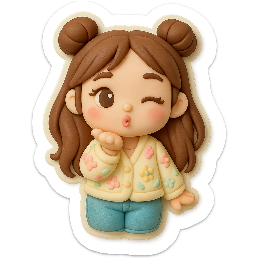 3D chibi fondant cake art style, high-quality rendering with smooth shadows and soft gradients. Girl based on reference image, preserve facial features, long brown hair in two space buns, brown eyes, jeans, pastel floral cardigan, thick white outline like a sticker, transparent background. Blowing a kiss and winking, consistent appearance with previous stickers. sticker