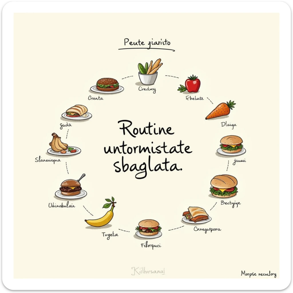 Illustrazione didattica: calendario settimanale con icone di cibi poco sani ripetuti ogni giorno, testo in italiano: 'Routine alimentare sbagliata'. sticker