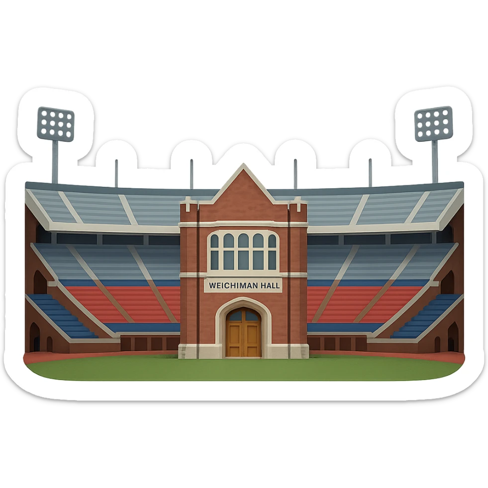 Change the angle of the emoji of Franklin Field at the University of Pennsylvania so that it is looking at the front of Weightman Hall with the huge stadium surrounding it. Use Weightman Hall as the detailed reference for the building facade. Maintain realistic, lifelike detail, accurate colors, bright lighting, and a transparent background. sticker