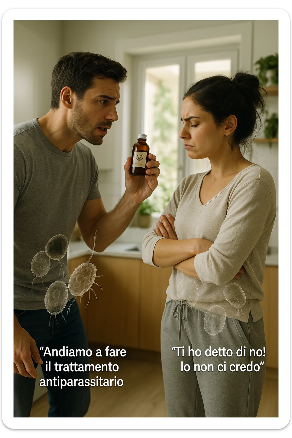 A highly realistic, cinematic photo of a young couple in their early 30s having an argument in a bright modern kitchen. The man, athletic build, wearing a casual T-shirt and jeans, is speaking firmly with a raised hand holding a small amber glass bottle labeled with a subtle herbal symbol, saying 'Andiamo a fare il trattamento antiparassitario' with a determined expression. The woman, with long dark hair tied in a messy bun, casual home outfit, crosses her arms with an angry, defensive expression, replying 'Ti ho detto di no! Io non ci credo!' while slightly turning away. Tension is visible in their body language, with the man leaning forward trying to explain and the woman leaning back, her eyebrows furrowed. Around them, subtle ghostly overlays of microscopic parasites are faintly visible near their abdominal areas, symbolizing the hidden reason for the argument. The kitchen is bright and modern with plants and natural light, contrasting the emotional tension. The style is hyperrealistic with warm tones and shallow depth of field focusing on their facial expressions, illustrating the conflict between belief in natural treatments and skepticism within the couple regarding hidden parasitic infections. in italiano sticker
