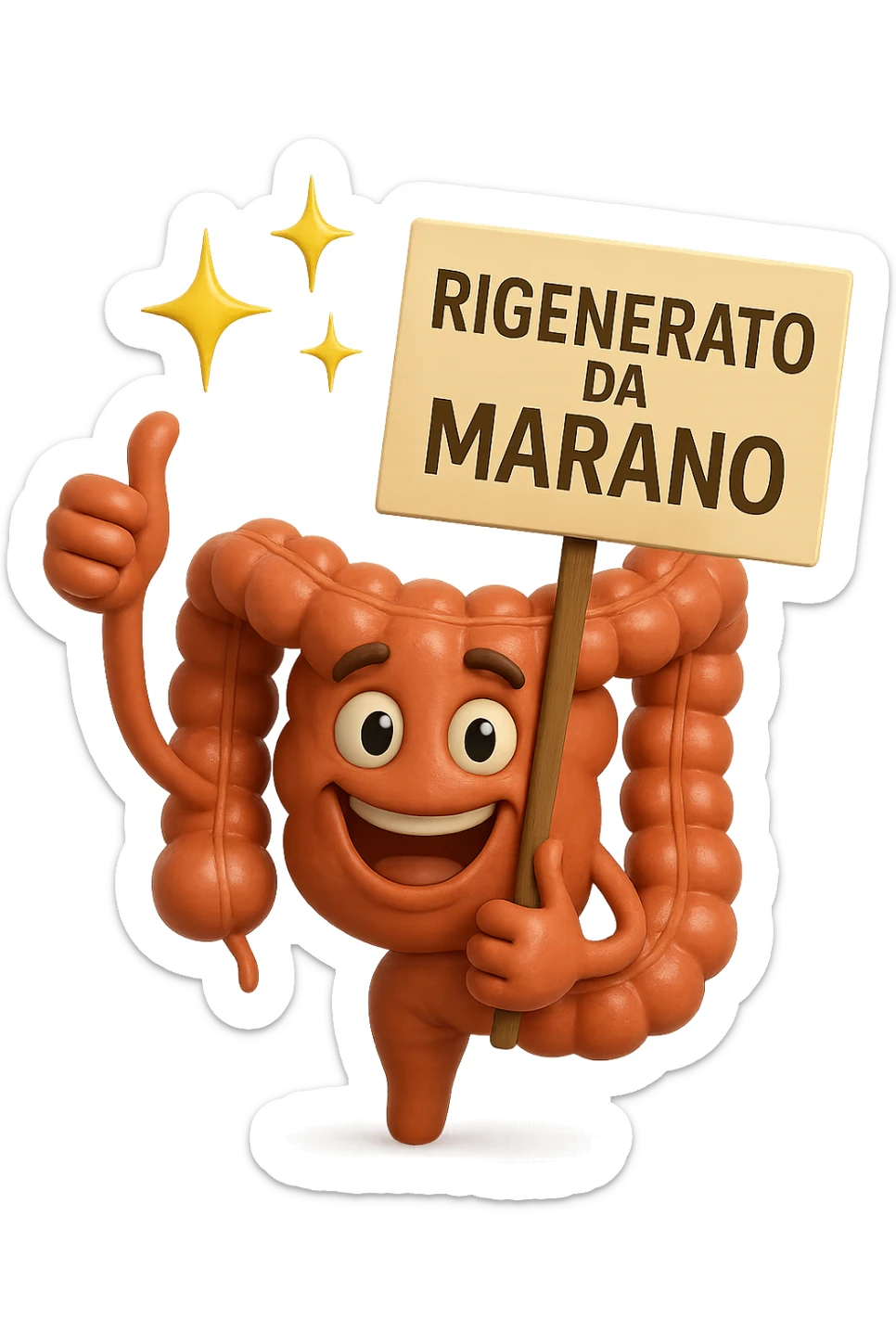 fammi un intestino identico a questo, ma felice e con le scintille di splendore dorate sopra, si sta rinnovando come se fosse in ottima salute, in mano ha un cartello con la scritta "RIGENERATO DA MARANO" sticker