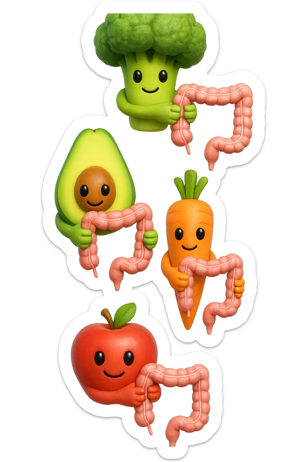 cibo sano fluttua in aria verticalmente stringendo piccoli colon umani, stile emoji iphone, iperrealistico 4k sticker