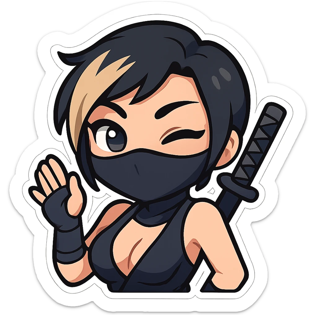Change the character's hair to black short hair with a blonde streak. Keep only the head and arms visible. Depict a sexy chibi ninja girl with bold outlines. The image should have a transparent background and be sized for Twitch emoji use. sticker