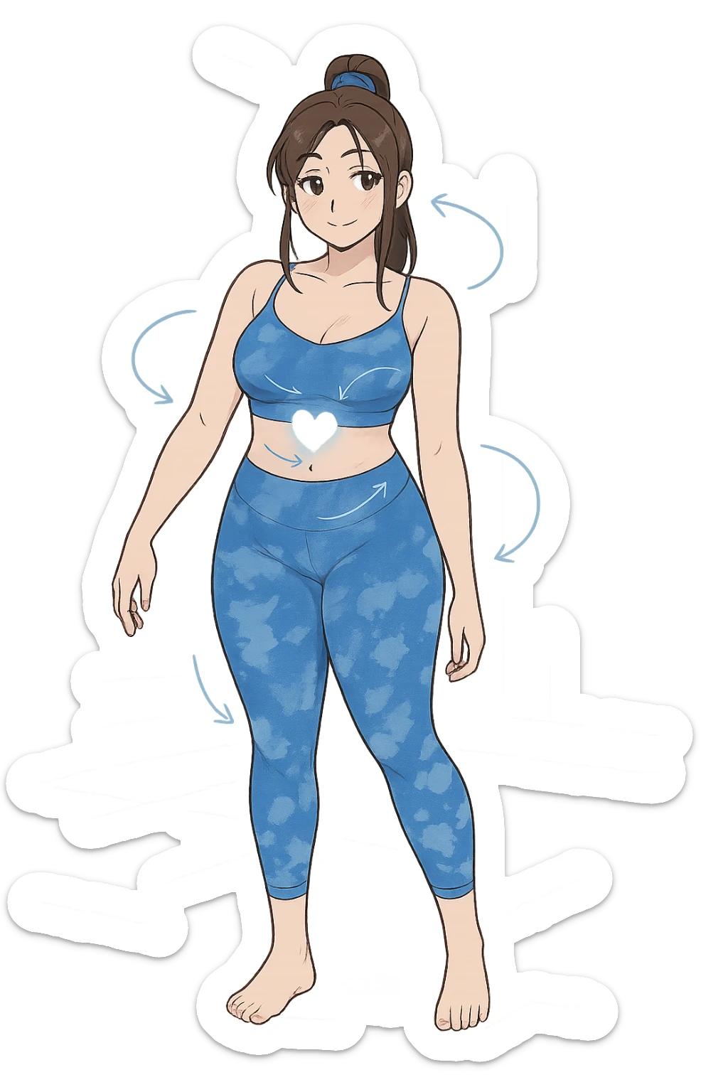 stile manga a woman stands in a relaxed pose, with a gentle, confident expression. Her body is shown with subtle, curved lines or arrows indicating areas of imbalance (such as a slight tilt in the shoulders or hips), but no signs of injury or damage. A soft glow or heart symbol at her core emphasizes resilience and the message “Non rotto, ma fuori equilibrio” The background is clean and clinical, with light blue tones. sticker