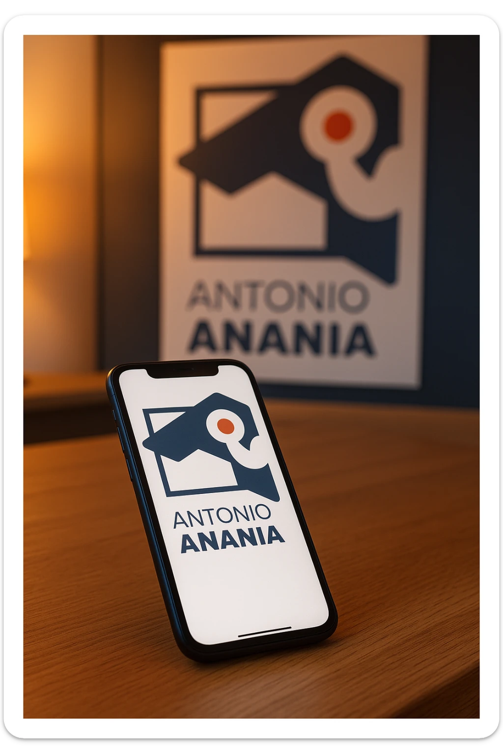 A photo of an iPhone on the desk with the logo of "Antonio Anania" on its screen, The phone sits atop a desk with a blurred with the logo in the background that suggests work environment. A faint glow from above casts gentle shadows across the surface of each object, creating depth and highlighting their textures sticker
