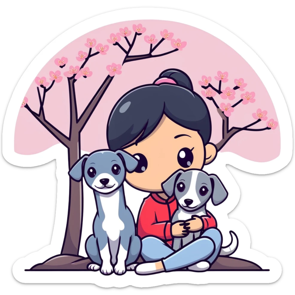 A young Chinese girl with long black hair and a pure grey Italian Greyhound with no white markings sitting under a cherry blossom tree sticker