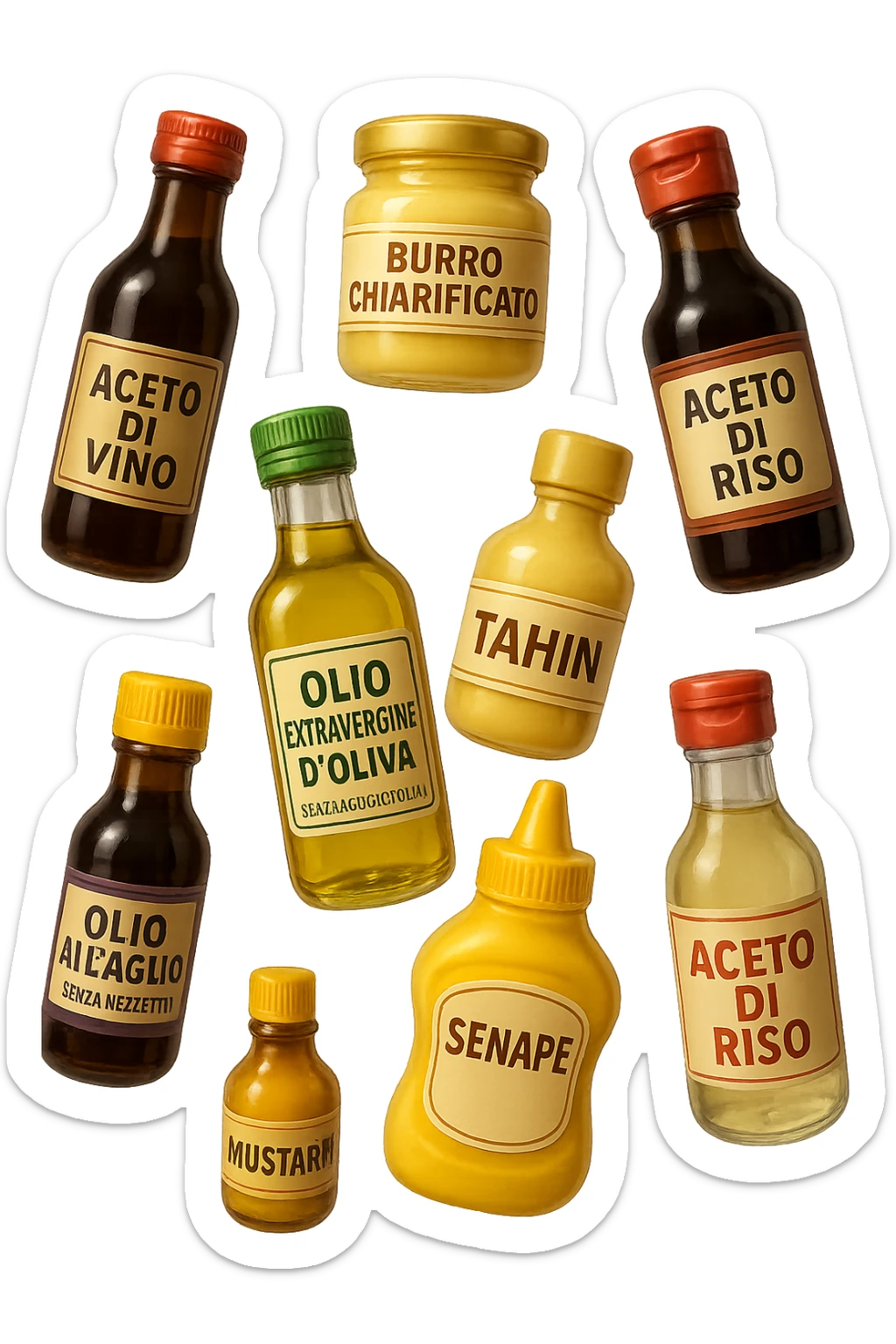 emoji stile iphone 3d di questi elementi che fluttuano in aria sparsi casualmente:

Olio extravergine d’oliva, burro chiarificato
Olio all’aglio (senza pezzetti)
Aceto di vino, aceto di riso, senape, tahin
Salsa di soia fermentata (senza aglio/cipolla)


 che fluttuano sparse casualmente in aria, le etichette dei prodotti scrivile in italiano, iperealistico 4k sticker