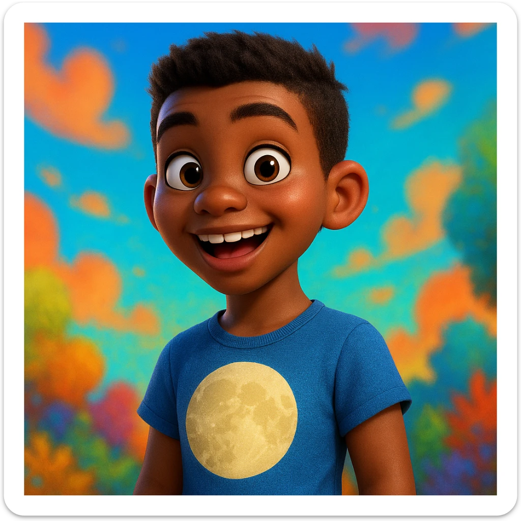 Pixar style young dark-skinned girl with short masculine hair, wearing a t-shirt with a moon design sticker