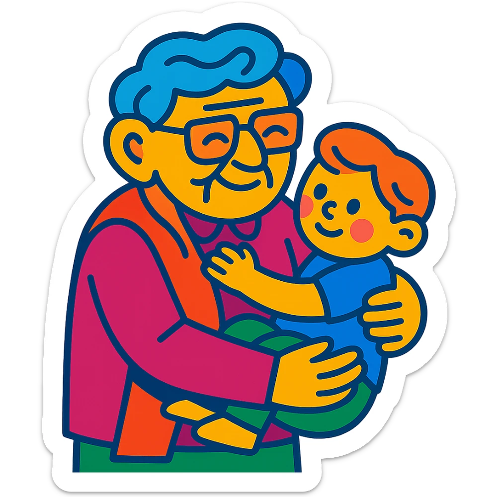 vibrant toon style old person holding a child in their arms sticker