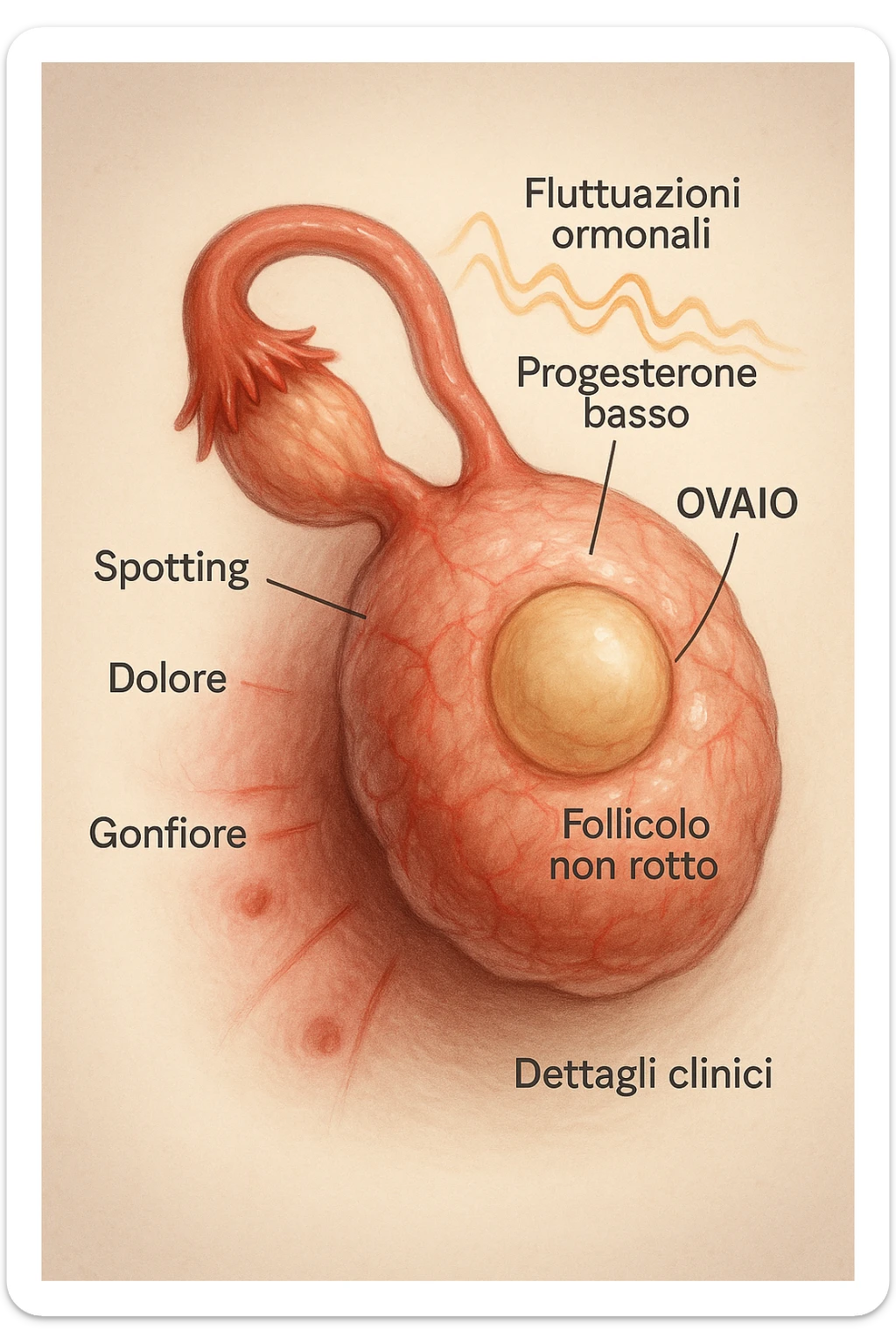 realistic and cinematic illustration of an ovary with an unruptured follicle, low progesterone, hormonal fluctuations, symptoms of spotting, pain and swelling, clinical details, captions in Italian sticker