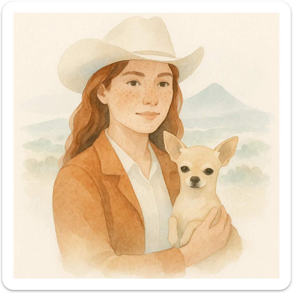 portrait of a cowgirl woman wearing a cream shirt and cognac jacket, freckles, tanned skin, hazel eyes, auburn hair, holding a beige chihuahua in her arms, blurred background of Tenerife, watercolor style sticker