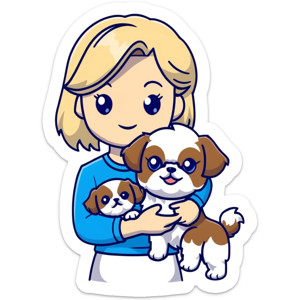 White blond girl with long hair and blue eyes holding a small female shih tzu dog sticker
