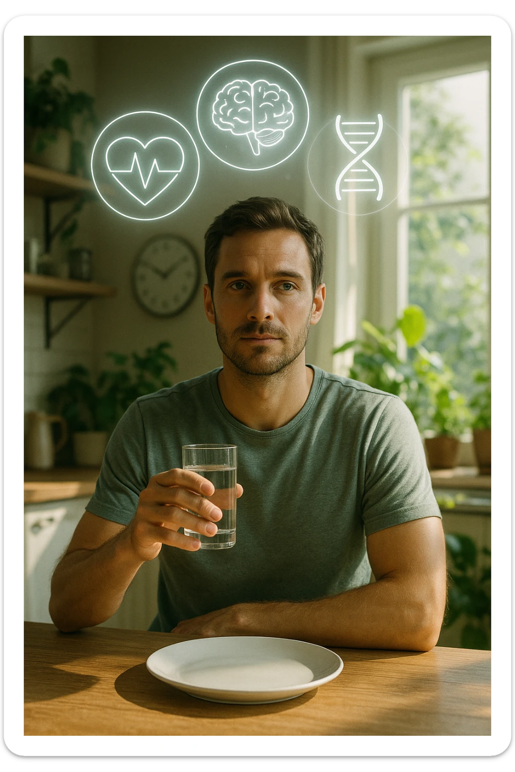 A realistic, cinematic illustration of a healthy, calm man in his early 30s sitting in a bright kitchen in the morning, with an empty plate in front of him and a glass of water in his hand, looking serene and focused. Behind him, the background shows subtle symbols of health: green plants, sunlight streaming in, and a blurred wall clock showing 10:00, symbolizing the fasting window. Above the man, a translucent overlay of medical icons (heart, brain, DNA strand) glows softly, illustrating that intermittent fasting acts as a powerful medicine, not merely a diet. The color palette is fresh and natural, emphasizing health, clarity, and focus. The style is realistic with slight cinematic tones, conveying that the man is using intermittent fasting as a tool for cellular regeneration, inflammation reduction, and health optimization rather than weight loss sticker