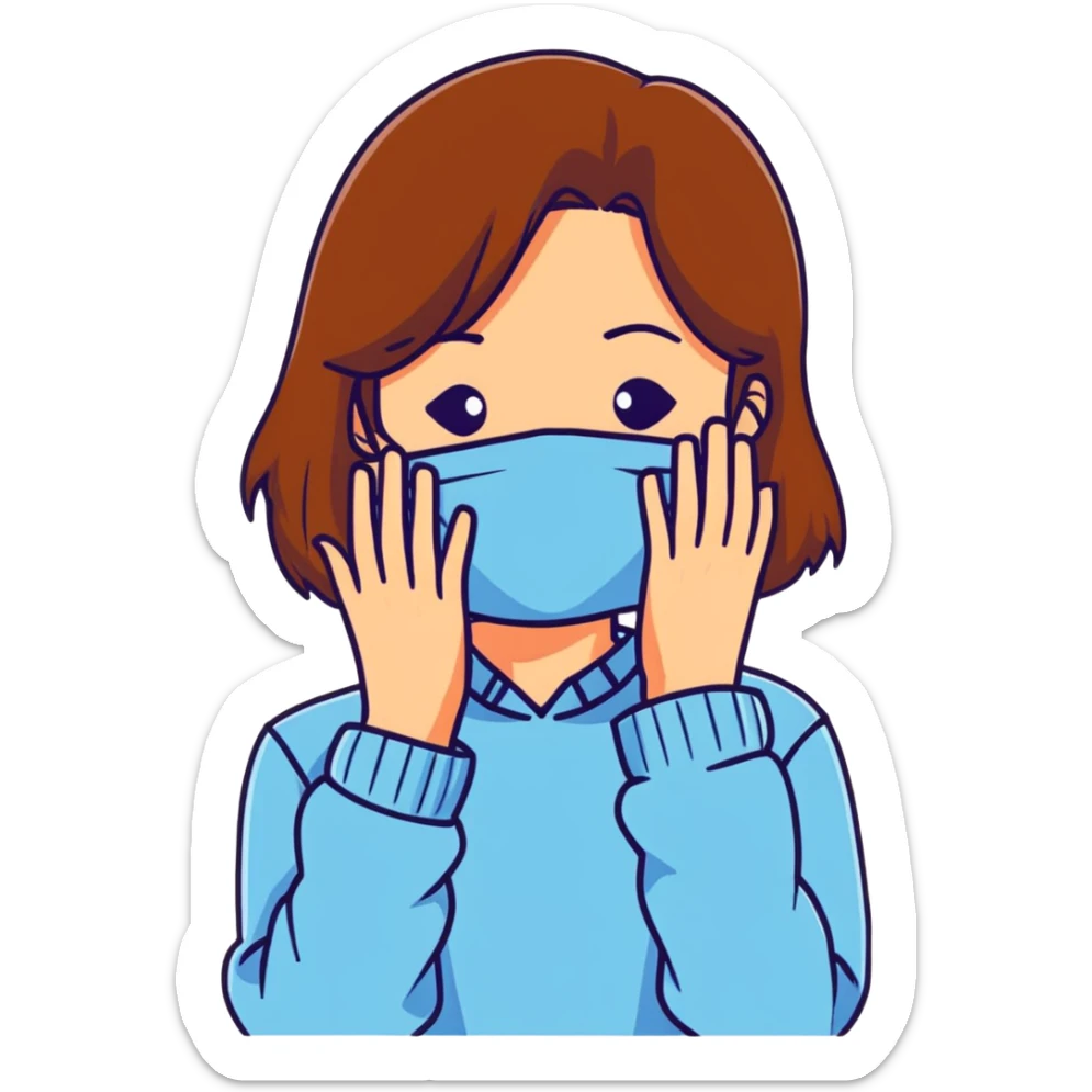 brunette girl with brown hair wearing pastel blue clothes covering her face with her hand sticker