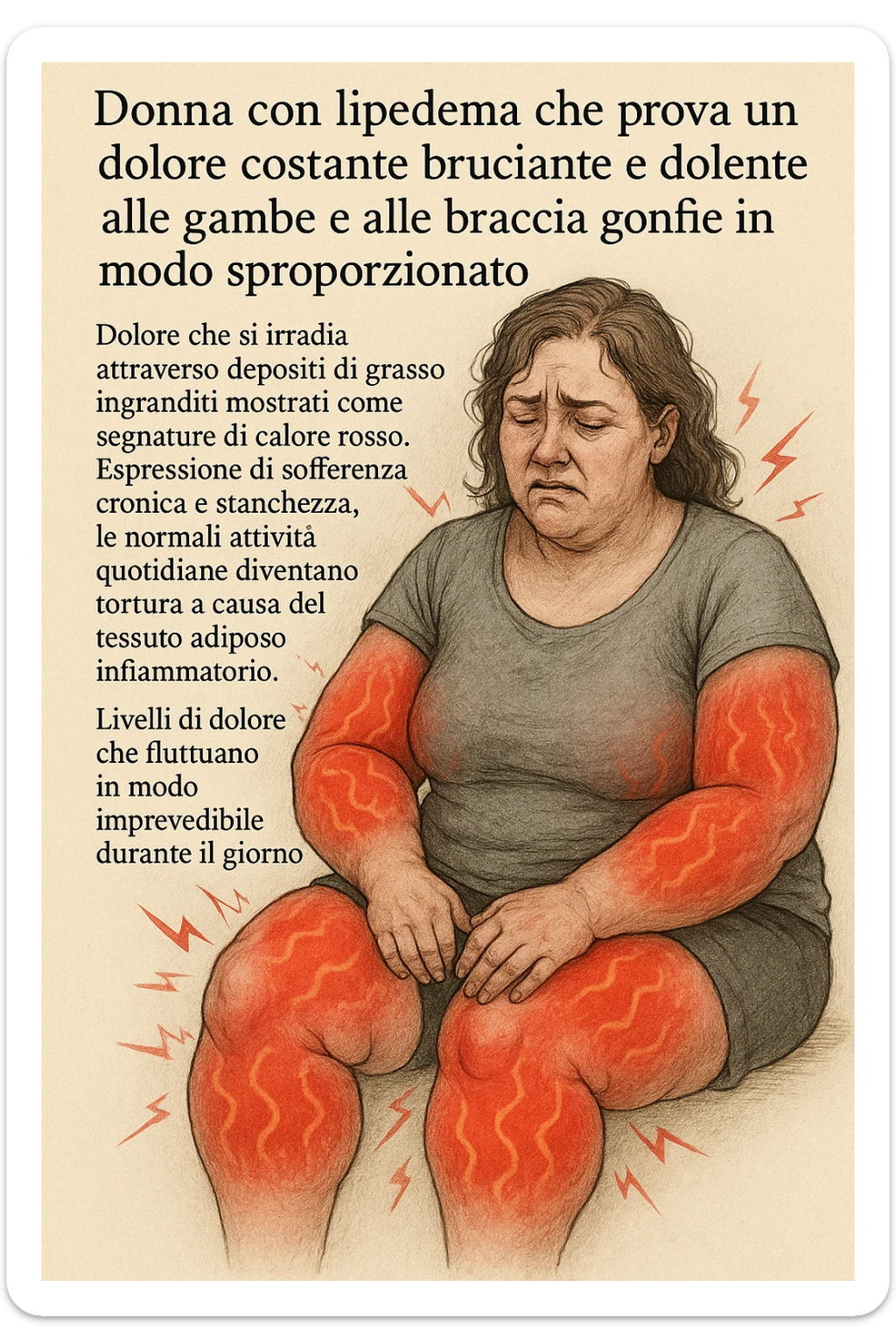 "Woman with lipedema experiencing constant burning and aching pain in disproportionately swollen legs and arms, pain radiating through enlarged fat deposits shown as red heat signatures, expression of chronic suffering and exhaustion, normal daily activities becoming torture due to inflammatory adipose tissue, pain levels fluctuating unpredictably throughout the day" scritte in italiano sticker