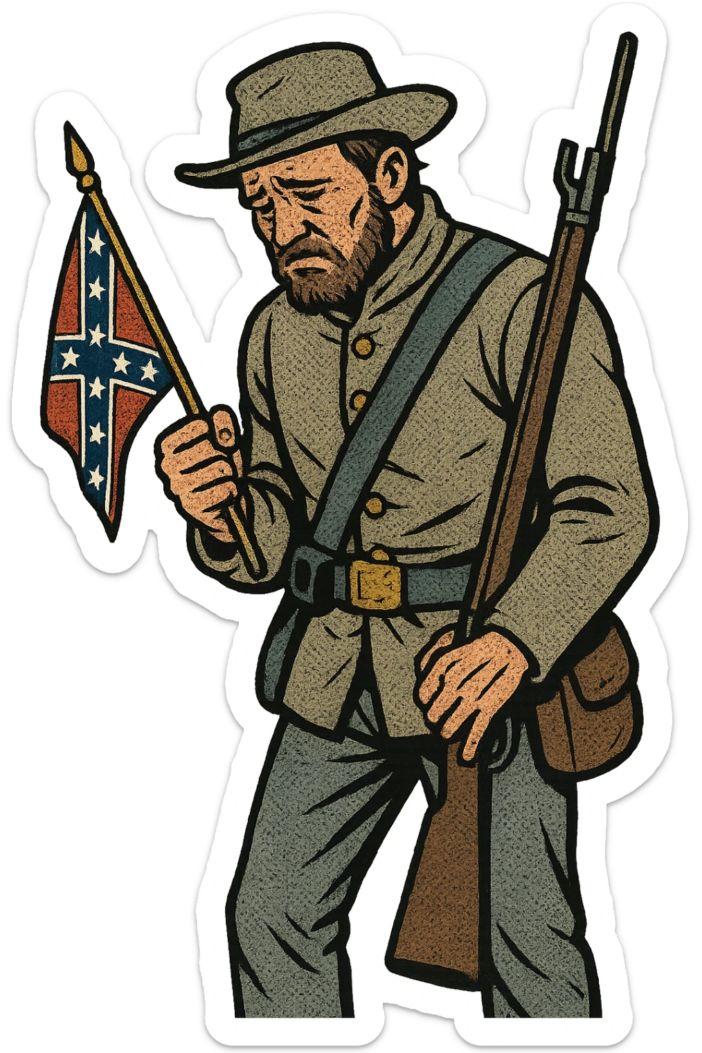 The full body of a Confederate soldier from the American Civil War holding a small confederate flag and his rifle. He is looking defeated. sticker