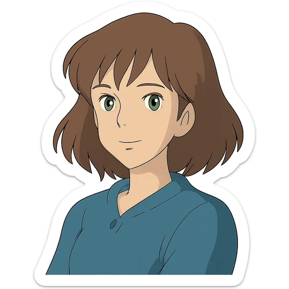 ghibli style illustration of a woman with brown hair and green eyes sticker