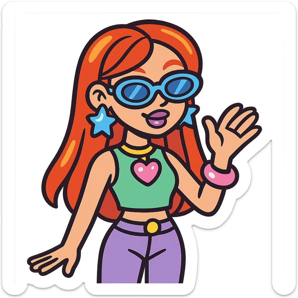 Y2K style girl with red hair, shiny accessories, pastel colors sticker
