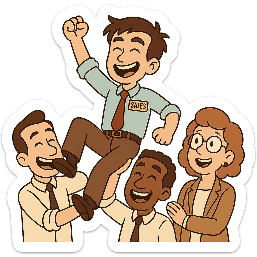 Edit the cartoonish office celebration scene to make all people white/pale European/Slavic. Keep the junior sales official in business attire being lifted up by coworkers. Maintain the cartoonish office celebration style with a transparent background. sticker