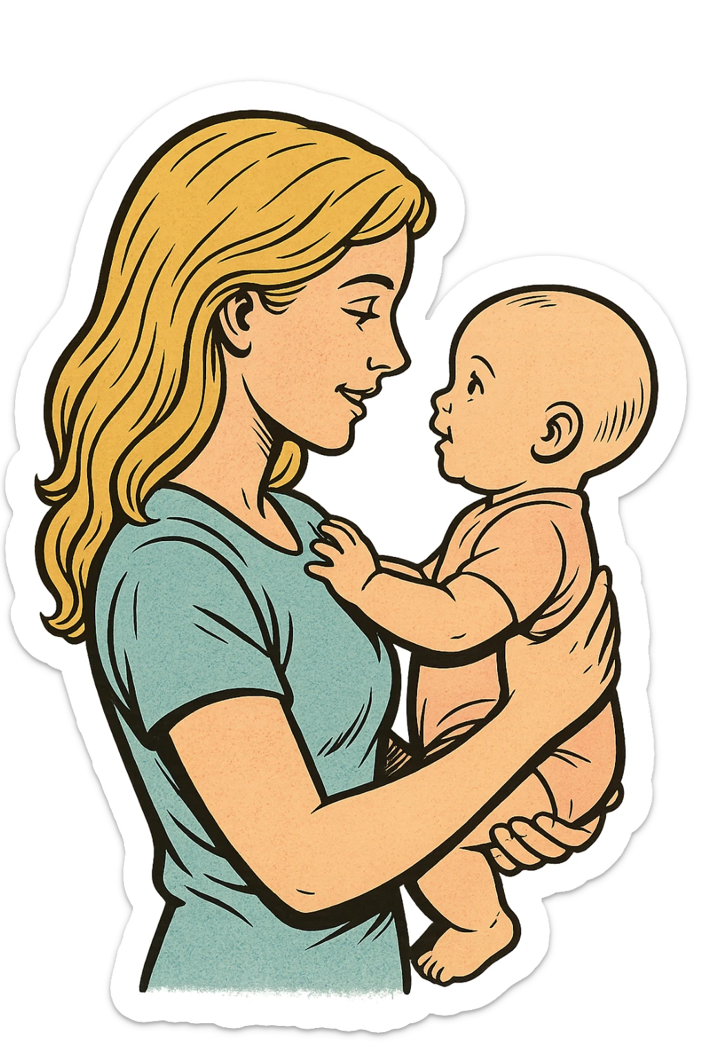 adult woman with long blonde hair holding a baby in her arms, they look at each other, side view, old school comic book style, thin clean contours, soft rounded shapes, pastel palette, detailed shadows and highlights, soft lighting sticker