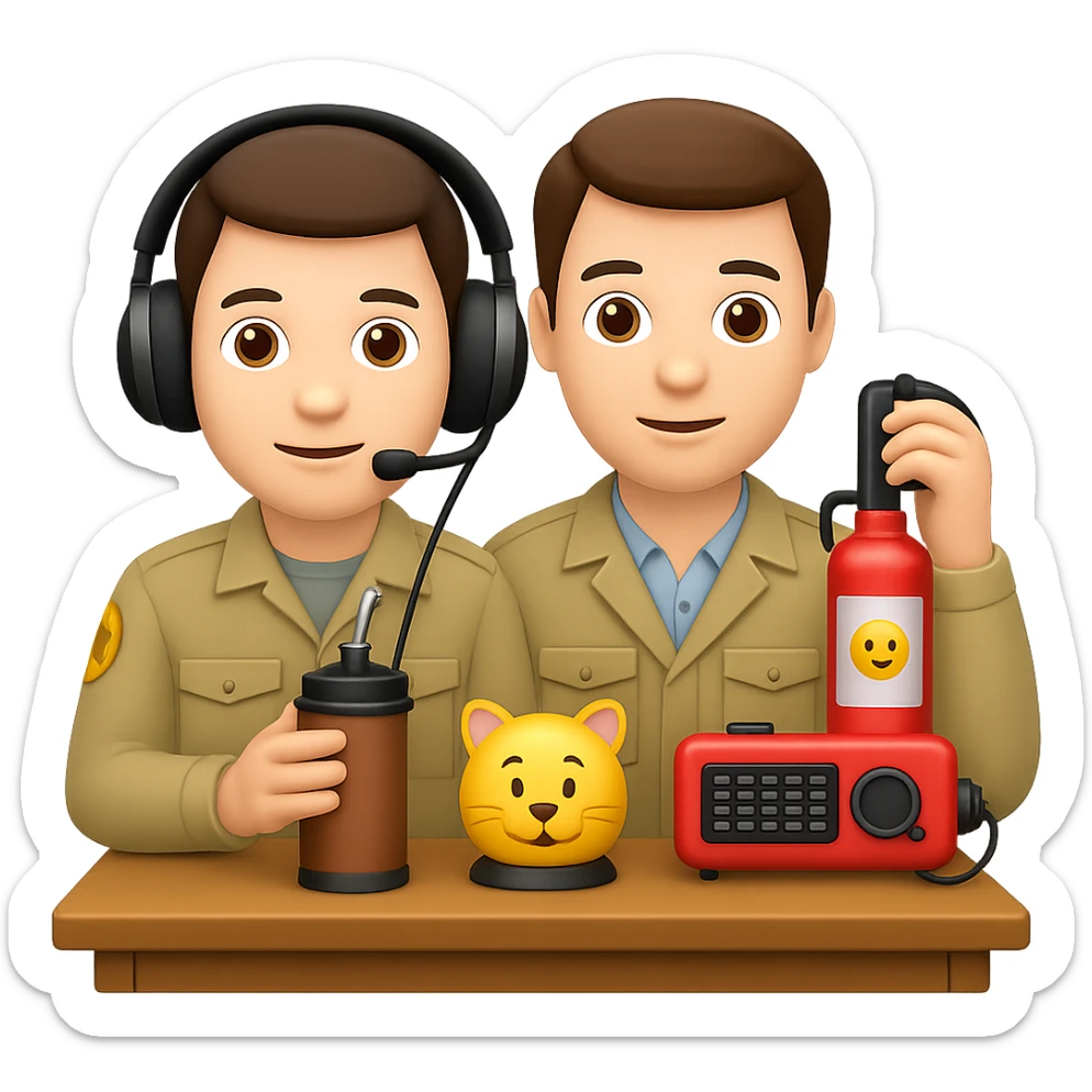 Add headphones to the amateur radio man while keeping the mate and thermos on the table. Maintain a transparent background. The style should be similar to the original image. sticker