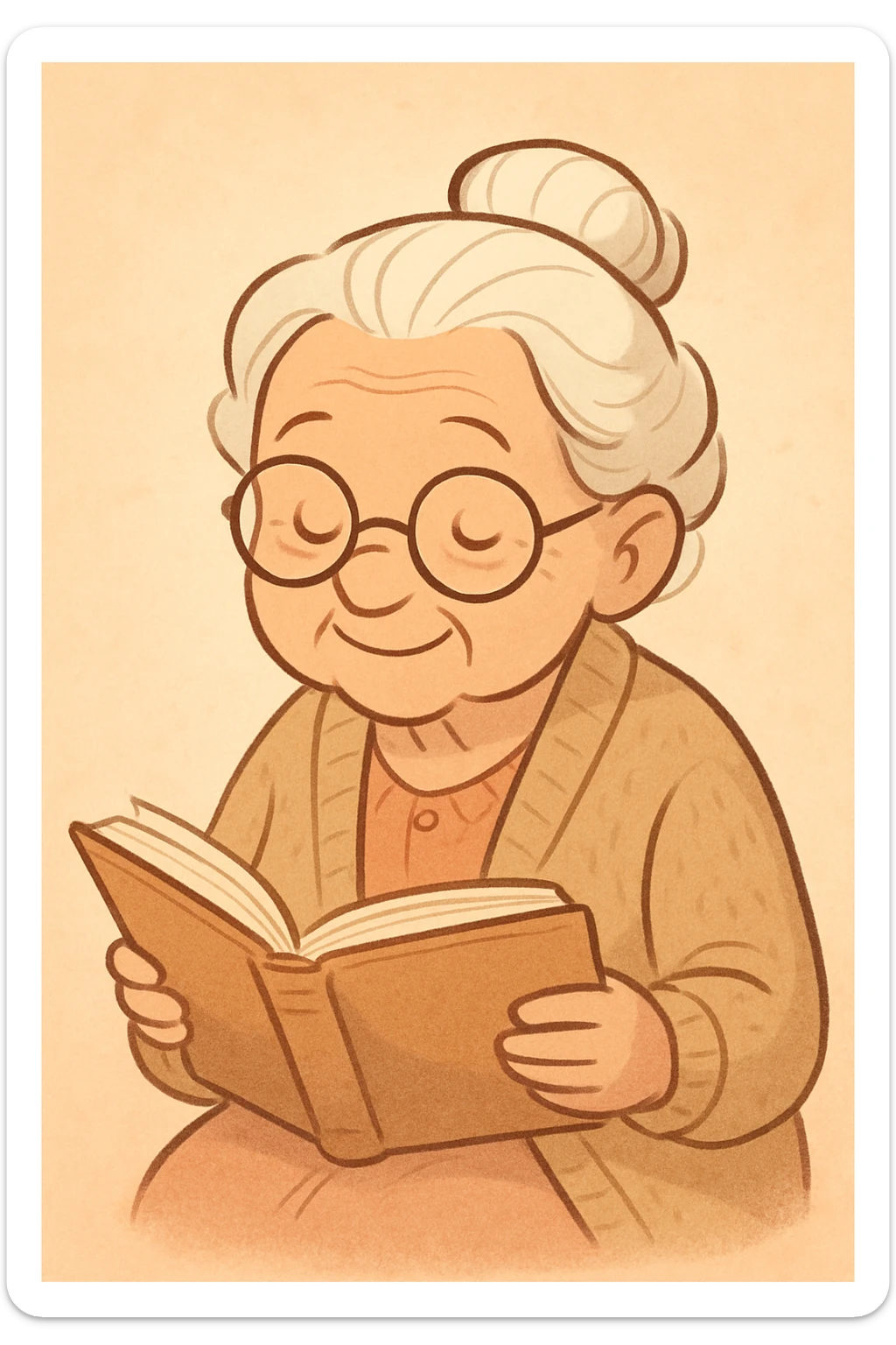 a very old lady grandma wearing glasses reading a book warm cardigan soft colors cartoon style sticker