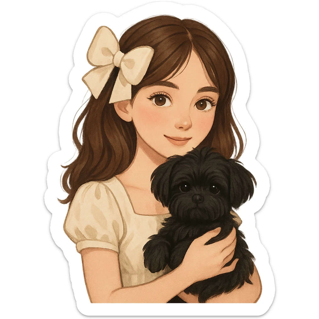 brown haired beautiful girl with a coquette hair accessory and a cute black Maltese dog sticker