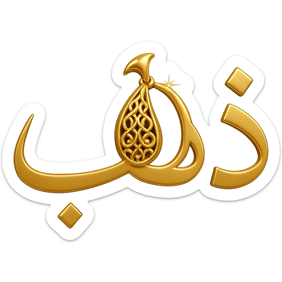 Change the shape of the letter 'ه' in the word 'ذهب' to be more creative and resemble a luxurious golden jewelry piece, maintaining a modern style with shiny golden colors, no background. sticker