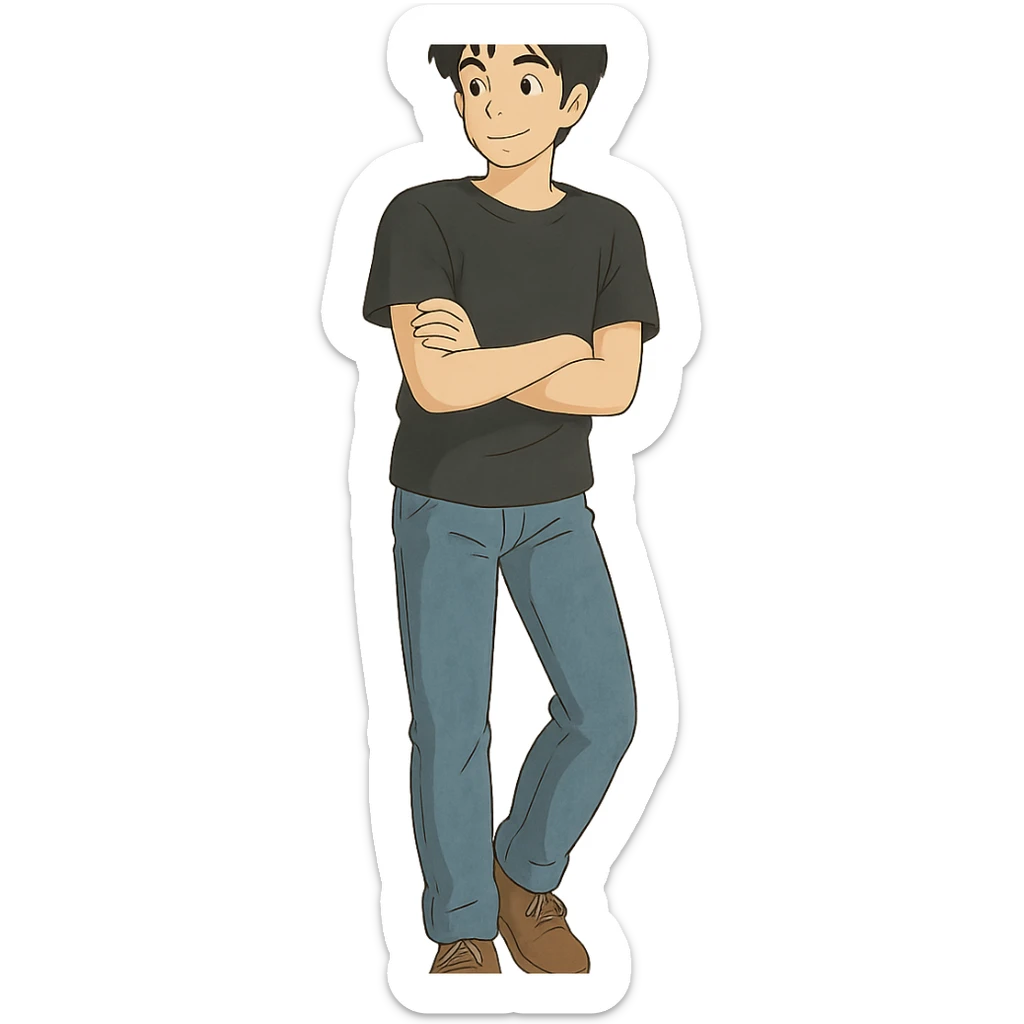 full-body man in casual pose, black hair, wearing jeans and a black t-shirt, ghibli style sticker