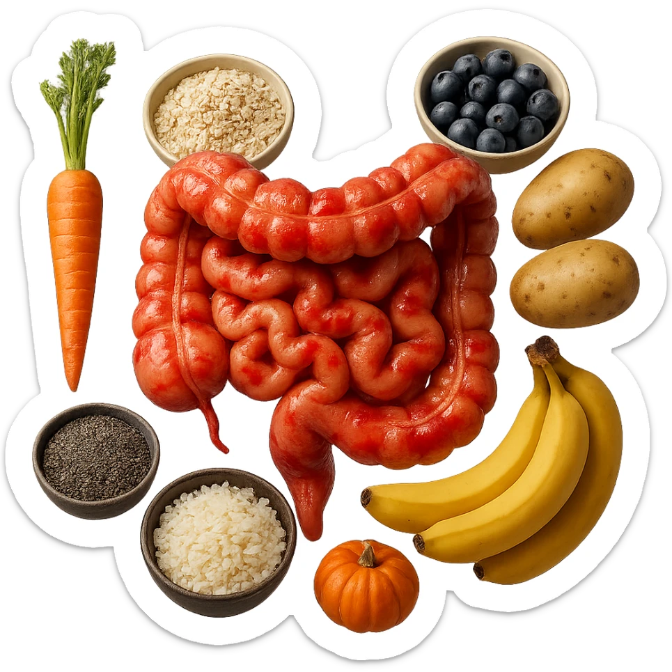 intestino umano anatomico infiammato con carota, bowl di avena, mirtilli, bowl di semi di chia, patate, banane, zucca, bowl di riso che gli fluttuano dietro, iperrealistico 4k sticker