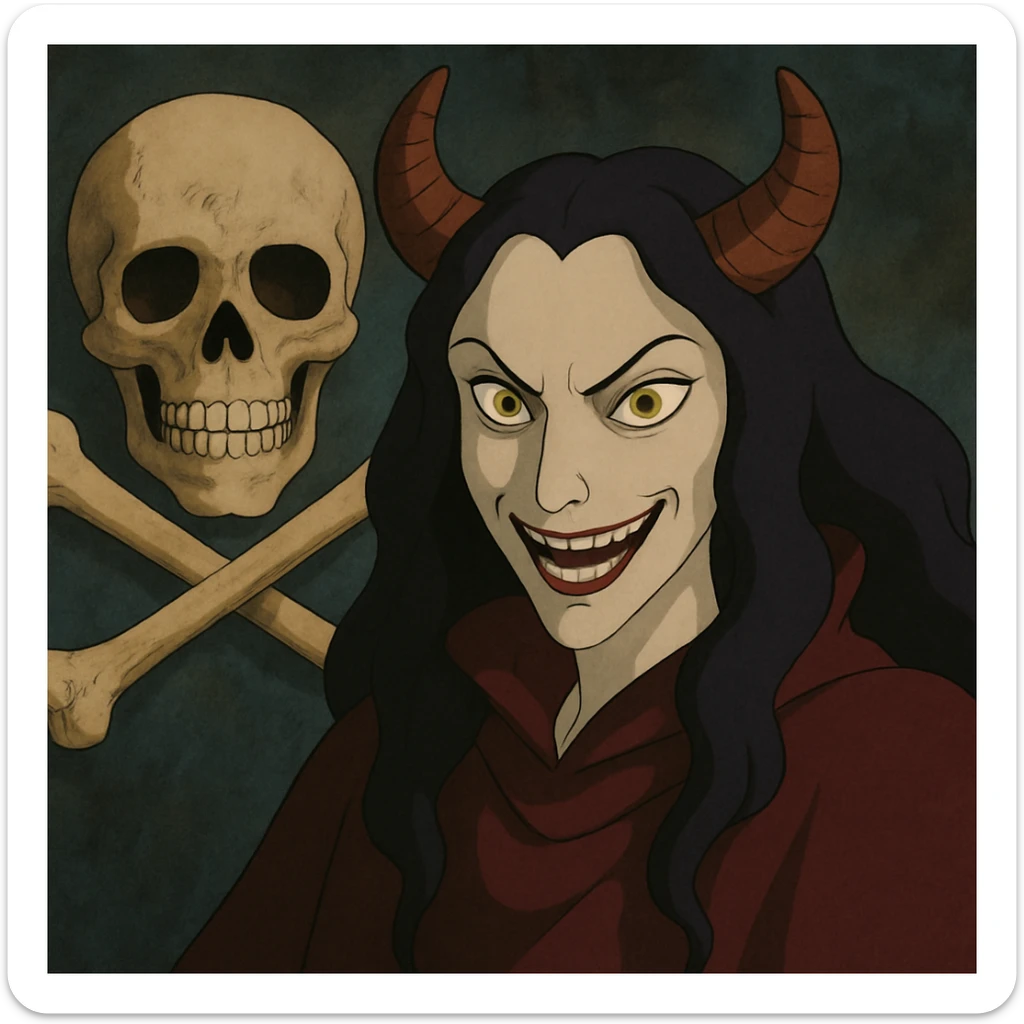 cara malvada sonriendo con cuernos y una calavera con huesos cruzados sticker