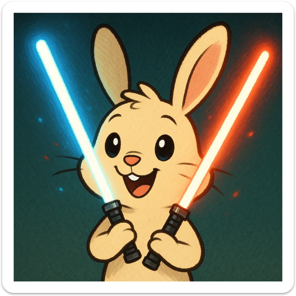 Make the sabers glow. Show only the bunny from the neck up. Give the bunny a more animated look while keeping the cream color and cheerful expression. Maintain the original style's look and feel. sticker