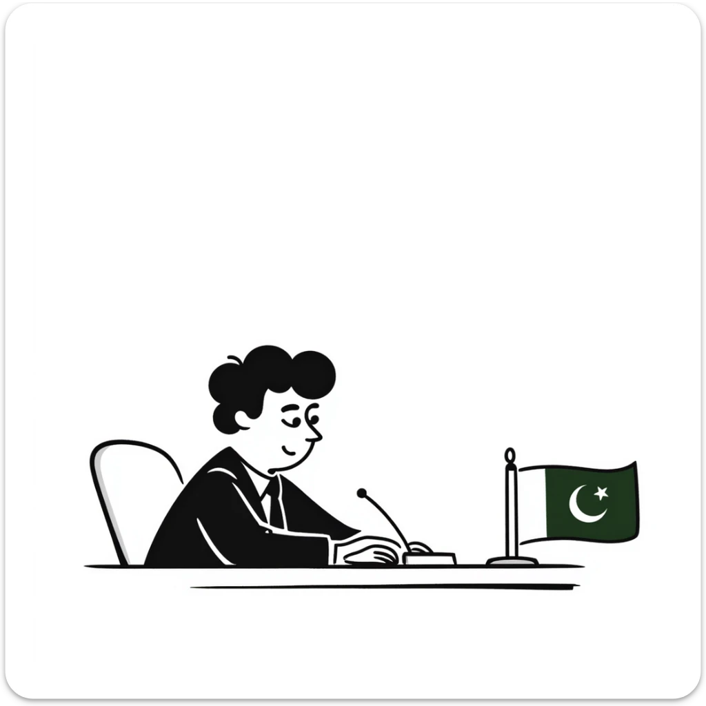 Pakistani diplomat at international conference with Pakistan flag on table sticker