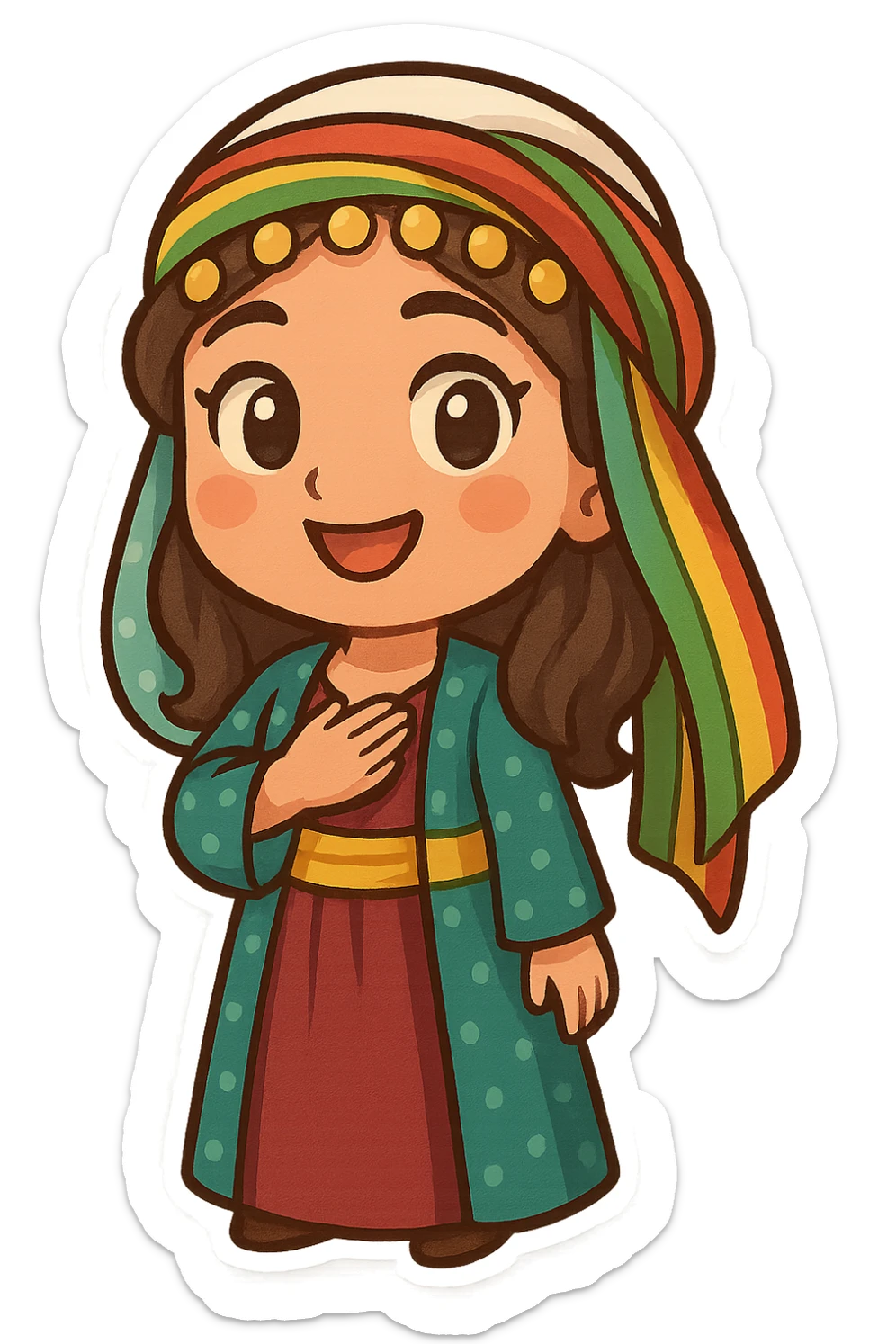 cartoon sticker of a Kurdish woman in traditional female clothing, hand on chest (salute) pose, open smile, colorful and cheerful, no text, suitable for WhatsApp and Instagram sticker